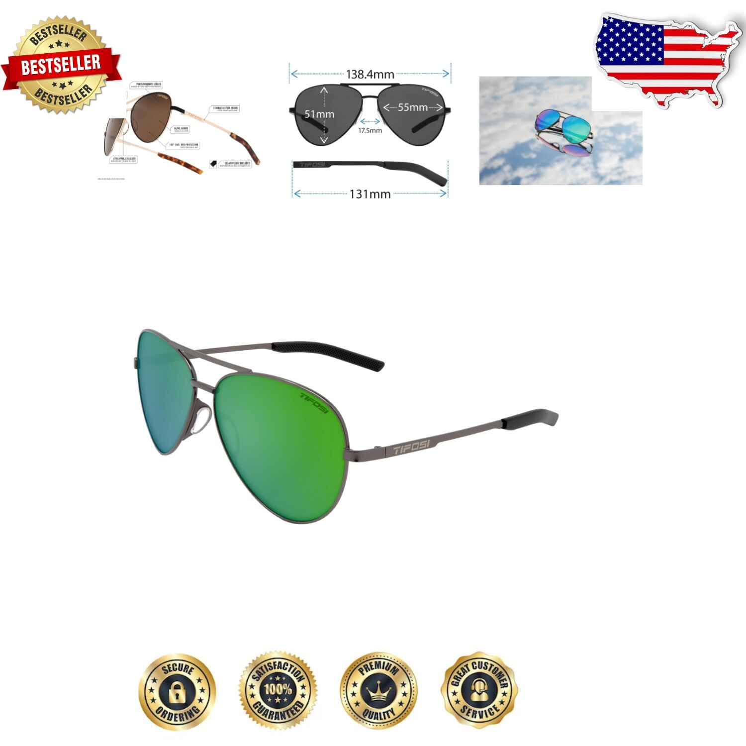 Graphite Aviator Sunglasses with Green Mirror Lenses - Ideal for Sports & Style-image