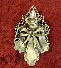 Vintage Kat's Creations Angel Bow Brooch Pin Silver Tone Rhinestone Pin 2"tall