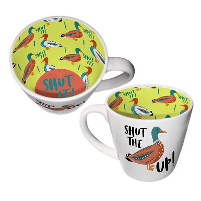 Neuheit Kaffeetasse bedruckt Teetasse Shut The Duck Up lustiges Geschenk von innen nach außen verpackt