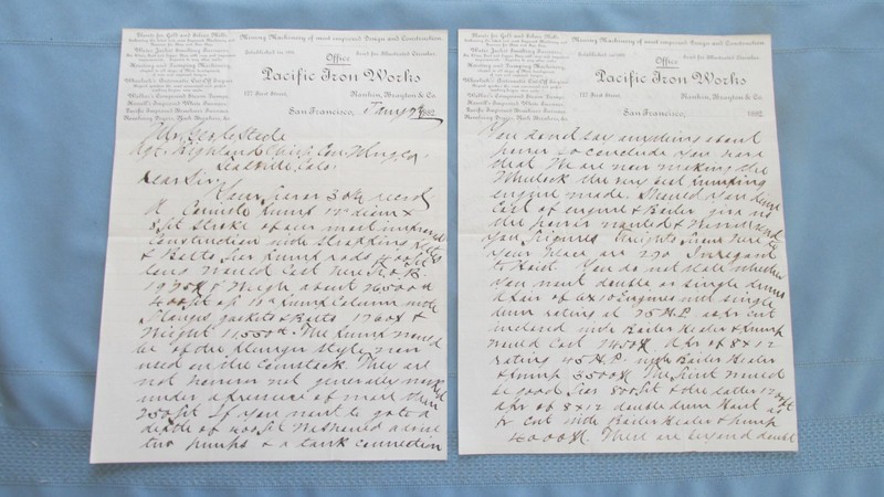 1882 Pacific Iron Works San Francisco Letterhead-Leadville Colorado Mine Hoist