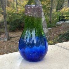 Hand blown Art Glass Vase Blue Green Purple Beach/coastal Decor bubbles 10  tall
