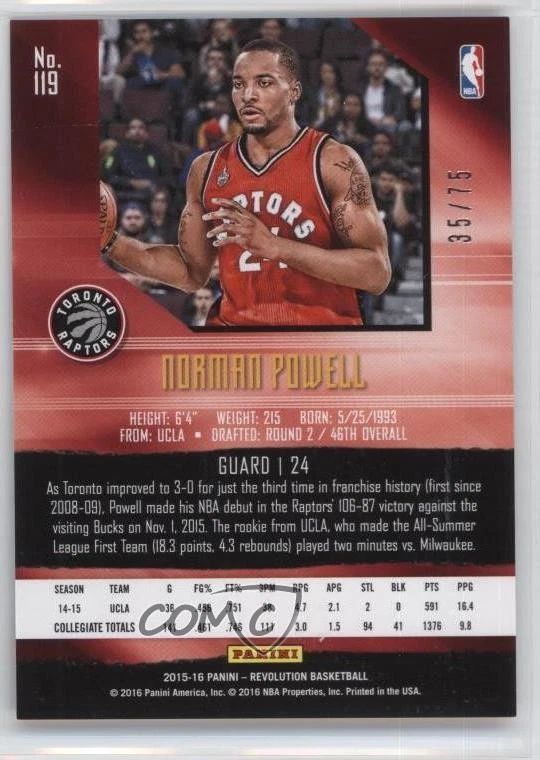 2015-16 Panini Revolution Rookies Sunburst /75 Norman Powell #119 Rookie RC - Image 2 of 2