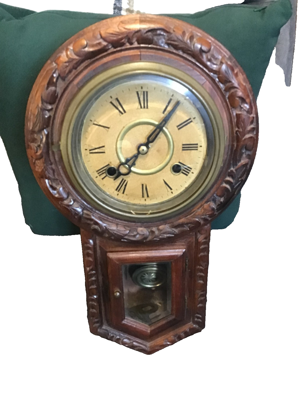 Antique Carved Wood Wall Clock w/ Pendulum – Chimes Work – Needs Repair