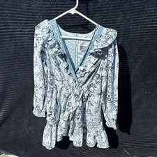 Women’s Anthropologie Floral Blue Ruffle Wrap Dress Medium Petite EUC