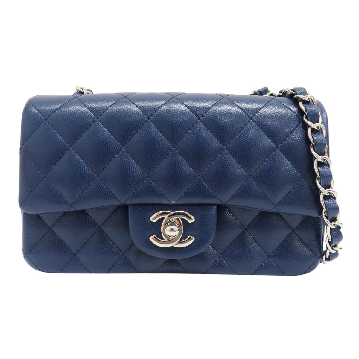 CHANEL Mini Classic Shoulder Handbag Navy Blue Quilted Grained