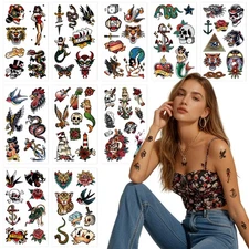 76 Pcs Retro Temporary Tattoos - Colorful Flower  Snake Body Art Stickers