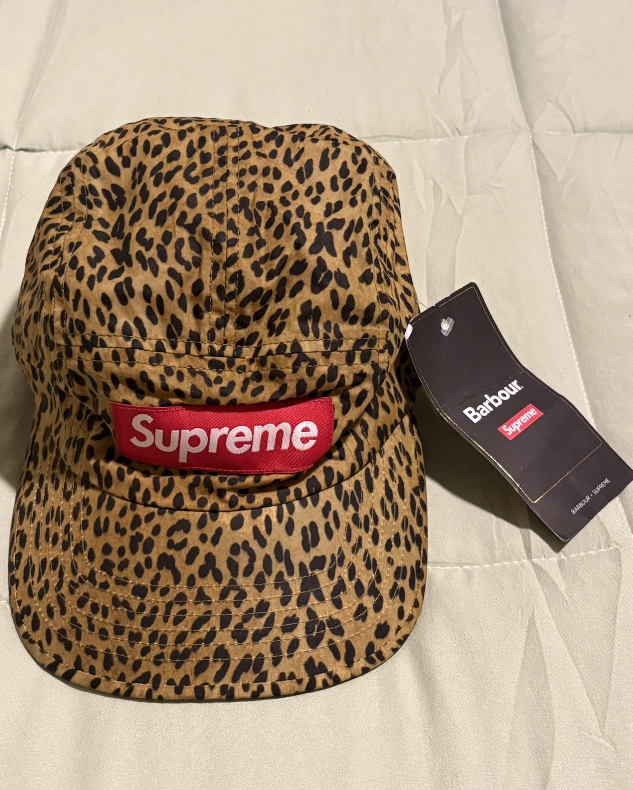Supreme Barbour Waxed Cotton Box Logo Hat Camp Cap Leopard SS20 AUTHENTIC
