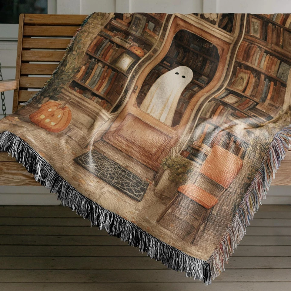 Halloween Ghostly Book Lover Woven Blanket Cozy BookTok Home Decor - Image 2 of 4