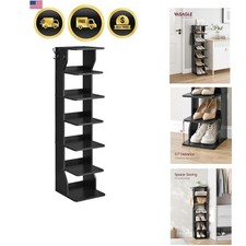 7-Tier Vertical Shoe Rack, Narrow Shoe Storage Organizer with Hooks, Slim Cor...
