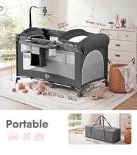 Babyomi Foldable Play Yard Gray w/ Carry Bag Bassinet Changing Table Mobile