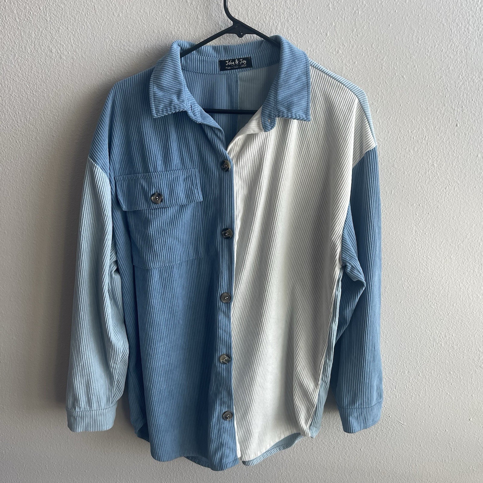 Colorblock Corduroy Shacket Blue White Button Up Jacket Women L