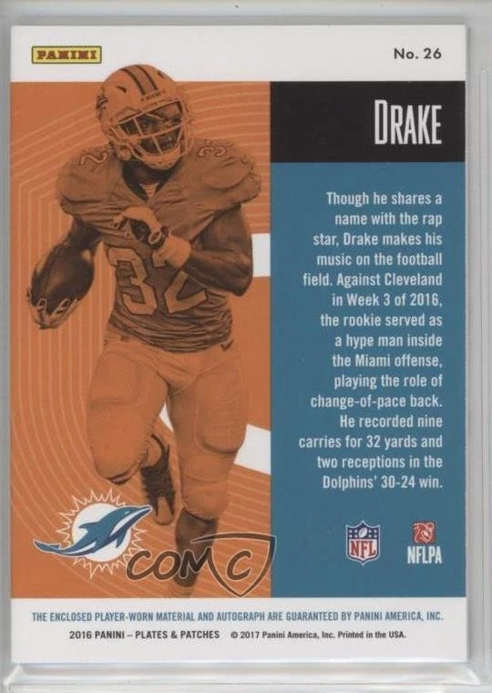 2016 Panini Plates & Patches Rookie /99 Kenyan Drake #26 RPA Patch Auto RC - Image 2 of 2