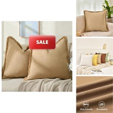 ZWJD Pillow Covers 16x16 Set 2 Khaki Throw Pillow Covers Fringe Chic Cotton