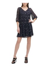 DKNY Womens Navy Yoke Lined Pouf Sleeve V Neck Short Wear To Work Shift Dress 2