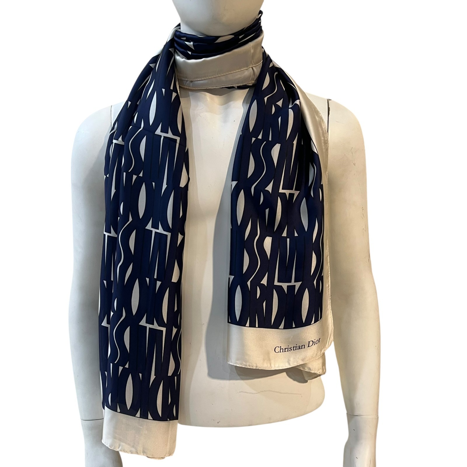 Christian Dior Trotter Monogram Silk Scarf Navy Blue White Made in Italy Authent thumbnail 2