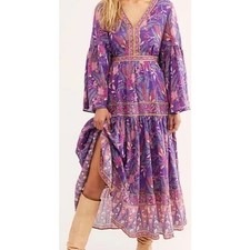 Spell & The Gypsy Bianca Gown Purple Wisteria Floral Print Bell Sleeves Small