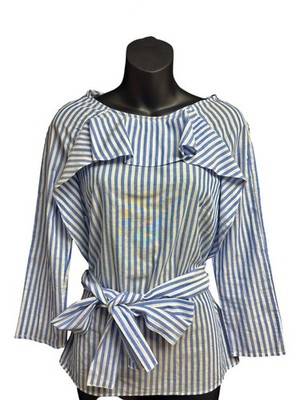H&M Blue White Striped Cascade Ruffle Waist Tie Poplin Blouse Womens Size 4 NWT