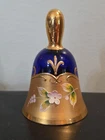 Czech Bohemian Cobalt Blue Glass Bell Gold & Flower Art Glass Handpainted