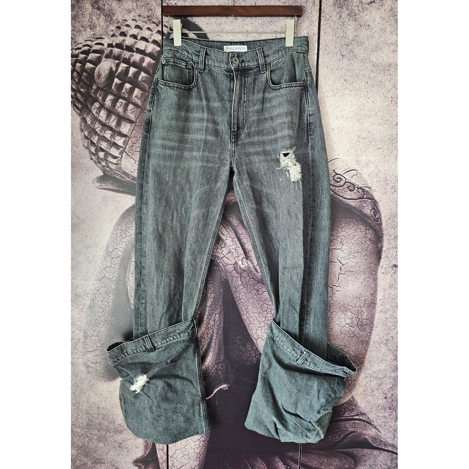 JW Anderson Bucket Distressed Mid Rise Gray Wash Wide Leg Jeans Size 28 TP01