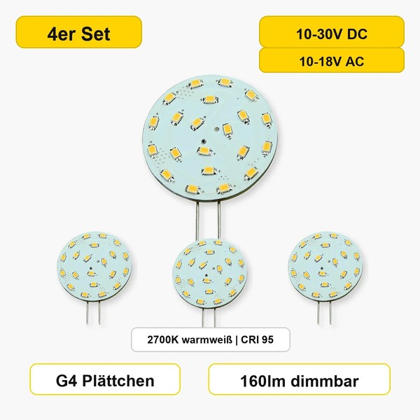 G4 Led Flachmodul 12V 24V 4Er Set 2700K Warmweiß 2W 180Lm CRI90-image
