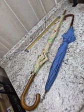 Vintage Umbrellas Lot of 2: Blue  Beige Makeup Pattern, Wooden Handles