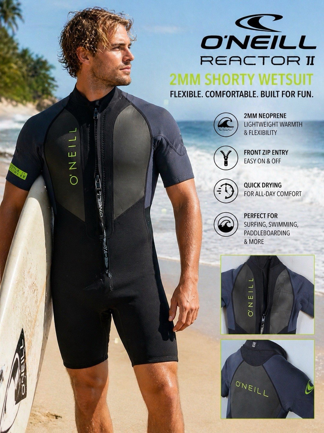 O&rsquo;Neill Reactor II 2mm Shorty Wetsuit Mens Size 12 Black/Blue Front Zip Surf