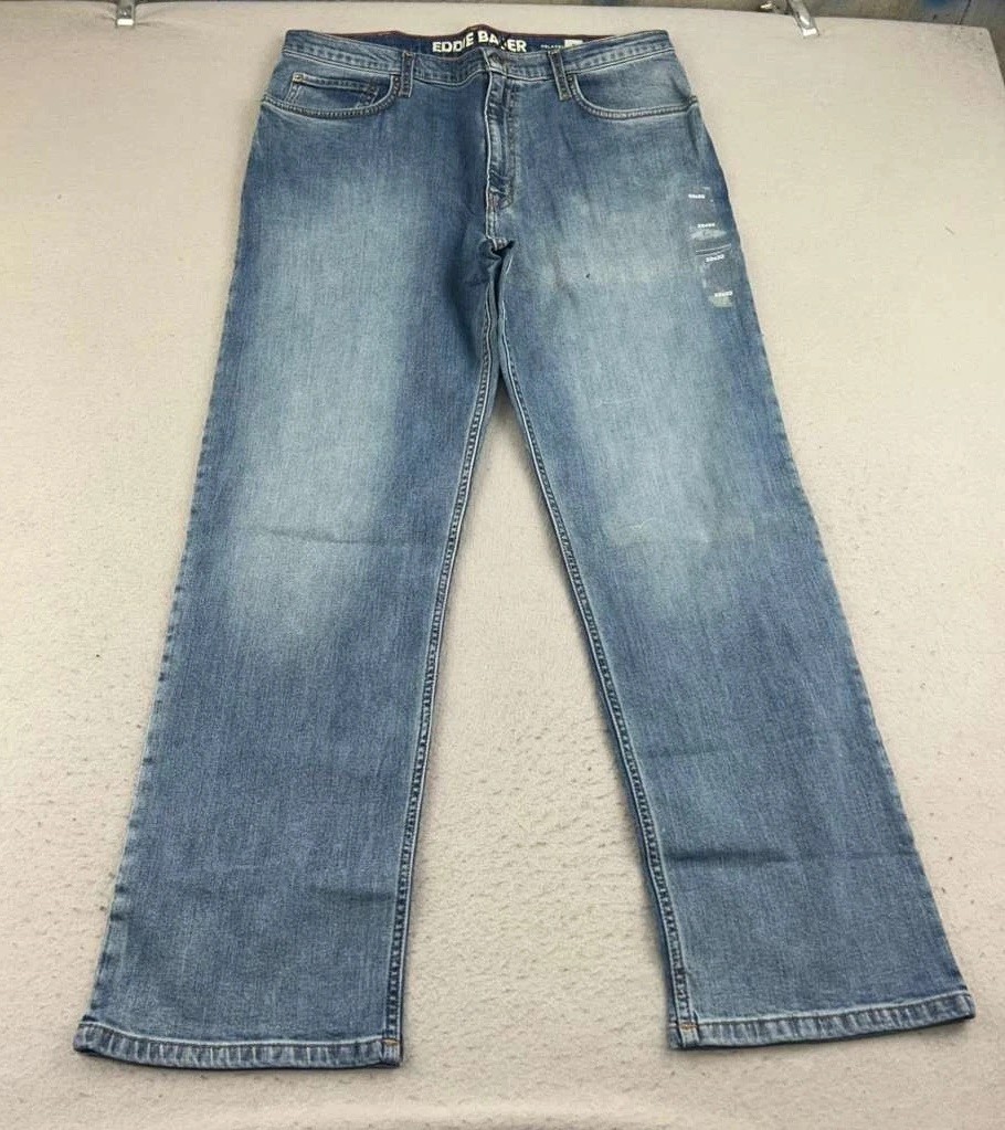 Mens 33x32 Blue Cotton Denim Relaxed Fit Straight Leg Nwt