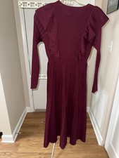 Shein Maroon Cocktail Dress Size L Long Sleeve Ruffle Pleat