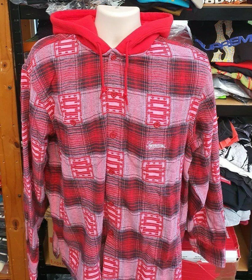 FW20 Supreme Hooded Shadow Plaid shirt size L large Red | eBay 