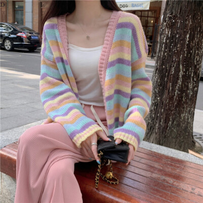 Women sweet lolita rainbow loose striped knitted sweater cardigan