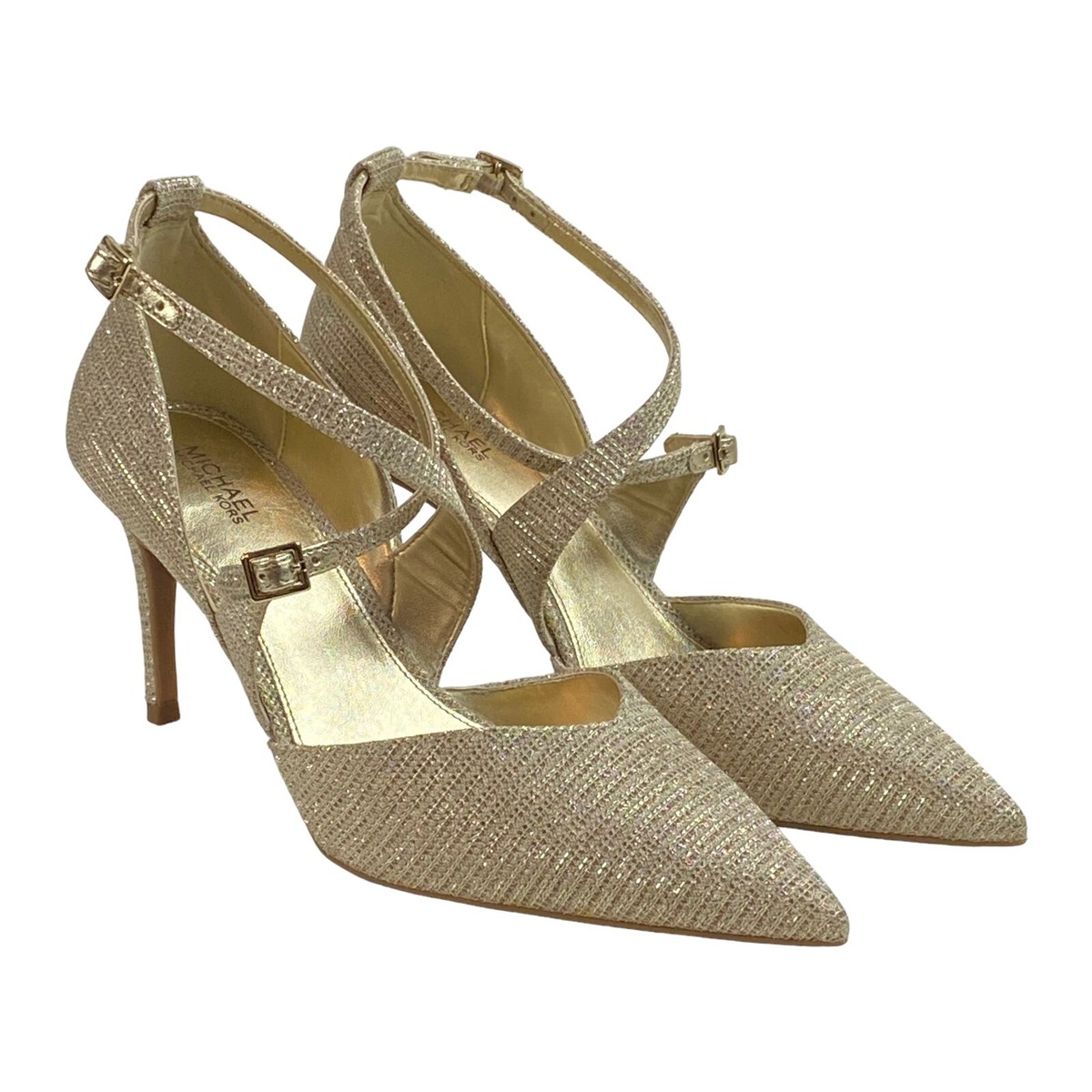 Michael Kors Women's Adela Flex Pumps Gold Glitter Chain Mesh Pointed Toe