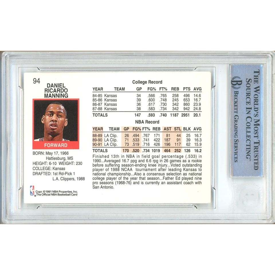 Danny Manning Signed 1991-92 NBA Hoops #94 BAS Slabbed LA Clippers NBA Auto Card - Image 2 of 4