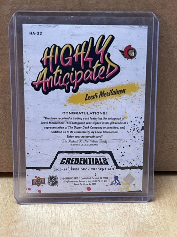 2023-24 Upper Deck Credentials Leevi Merilainen Highly Anticipated Auto HA-32 - Image 2 of 2