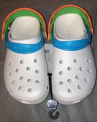RareCrocs White Classic Triple Straps Clog Orange/Green/Blue