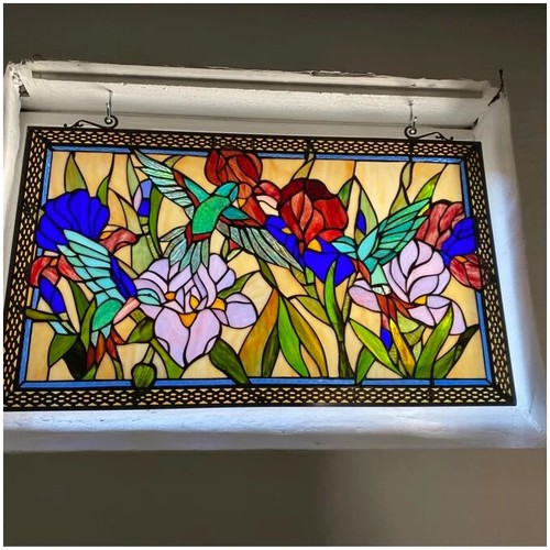 28"x17" Tiffany Style Stained Glass Hummingbird Floral Window Panel - Picture 8 of 8