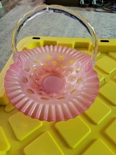 Pink Fenton Glass Coin Basket With Handle