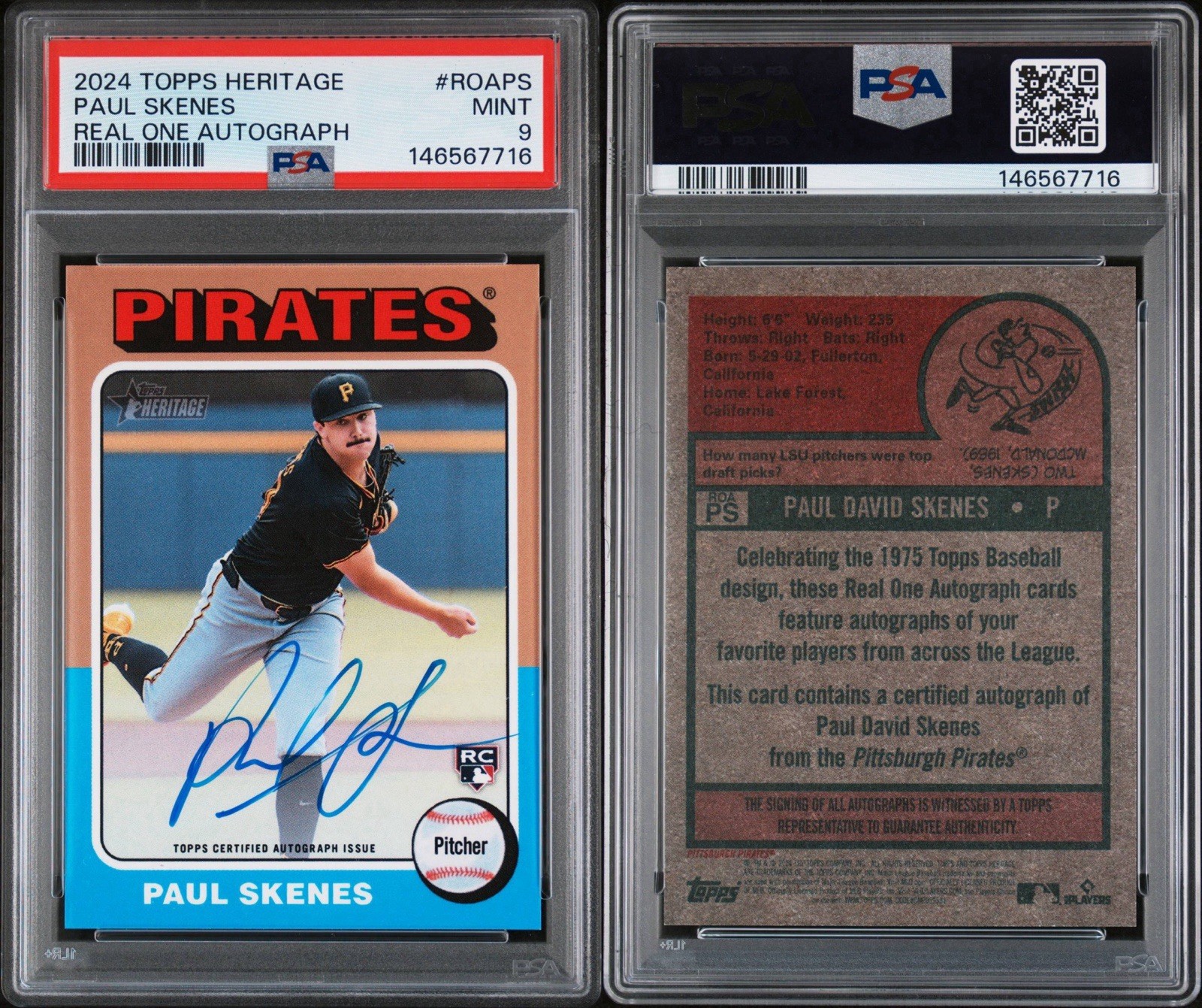 2024 Topps Heritage Rookie Auto Paul Skenes PSA 9 view 3
