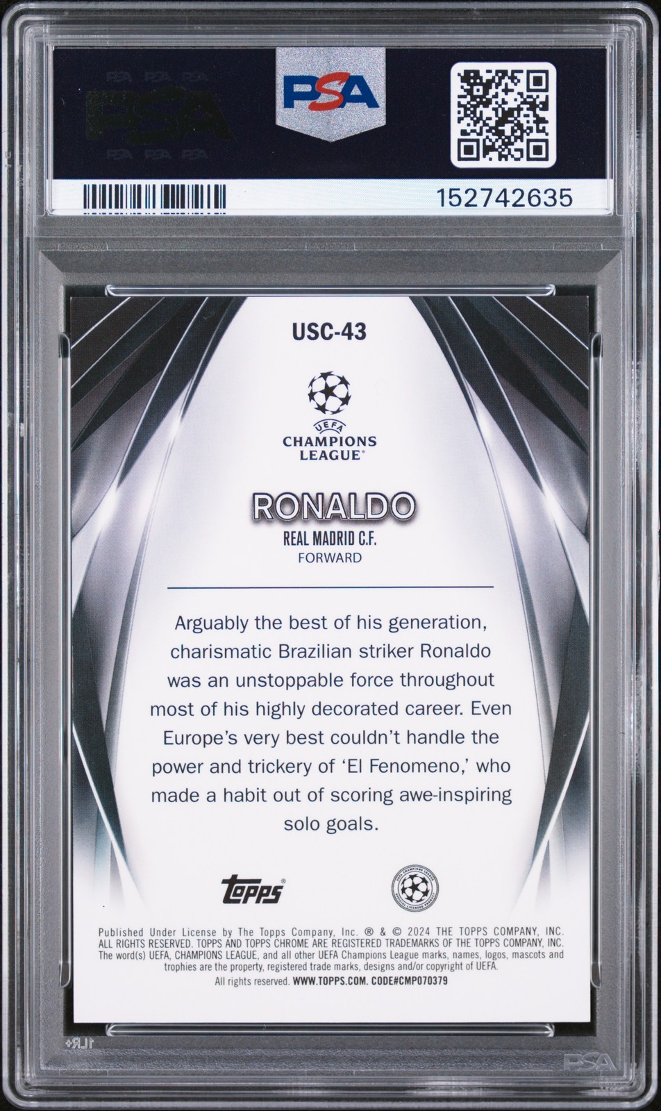 2023-24 TOPPS UEFA CLUB COMPETITIONS ULTIMATE STAGE CHROME RONALDO 99/99 PSA 9 view 2