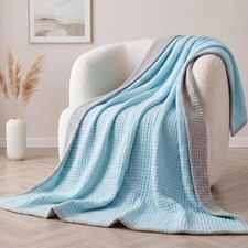 Waffle Weave Blanket for Couch 60 Inch x 80 Inch Double Sided Lake Blue And Gray