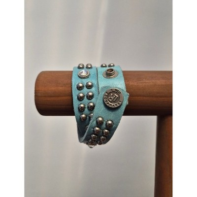 Leatherock Blue Leather Wrap Bracelet Boho Studded Cuff Western Rocker Crystal