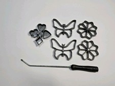 Vintage Rosette Cookie Iron Set 5 Molds with Handle Flower Butterfly