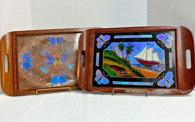 Brazilian Iridescent Mosaic Inlay Wood Serving Trays Lot of 2