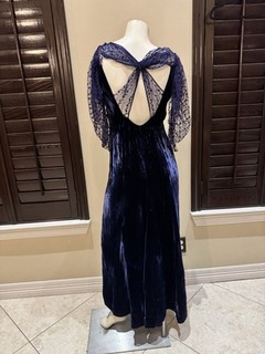 Antique 1930s Blue Art Deco Silk Velvet Gown Damaged Lace Collector Repairable