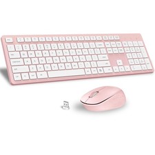 Pink Wireless Keyboard and Mouse Combo, Full-Sized Ergonomic Computer Keyboar...
