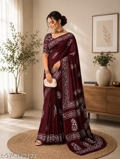 Ready to Wear Brown Cotton Saree For Women Sari With Unstitched Blouse Gift