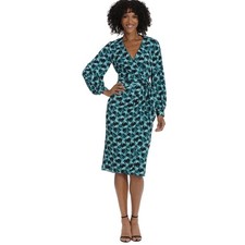 Maggy London Womens Teal Black Geometric Long Sleeve Wrap Tie Midi Dress Size 8