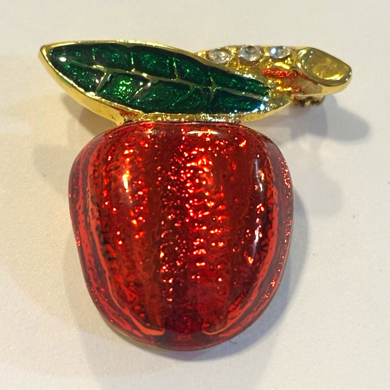 Vintage Red Enamel Apple Brooch Teacher Gold Tone Fruit Pin