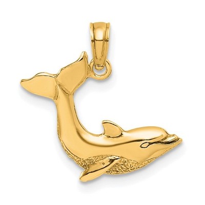 14k Gelbgold 2-D strukturierter Delfin springender Anhänger K7421