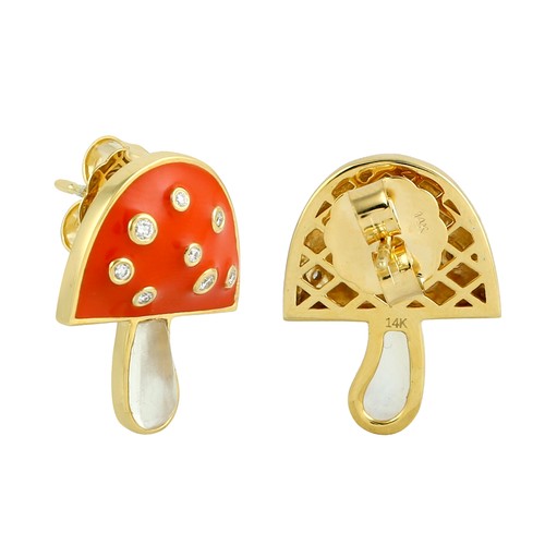 Women's 14K Gold Moonstone Diamond Mushroom Stud Earrings Fine Jewelry - Picture 4 of 7