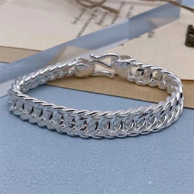 Pure S999 Fine Silver Chain Carved 10mm Fu Pattern Curb Link